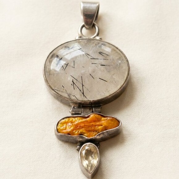 Sterling Silver Articulated Totem Pendant Tourmalinated Quartz Amber & Citrine - Picture 1 of 5